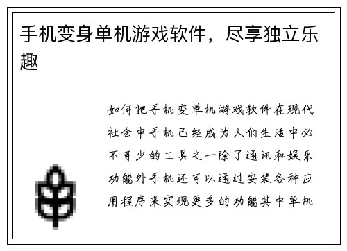 手机变身单机游戏软件，尽享独立乐趣